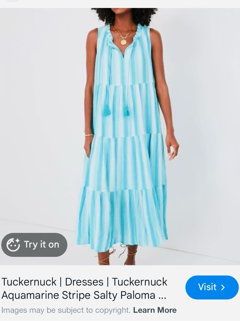 Tuckernuck Salty Paloma Aquamarine Striped Tiered Midi Dress NWOT - Picture 2 of 10